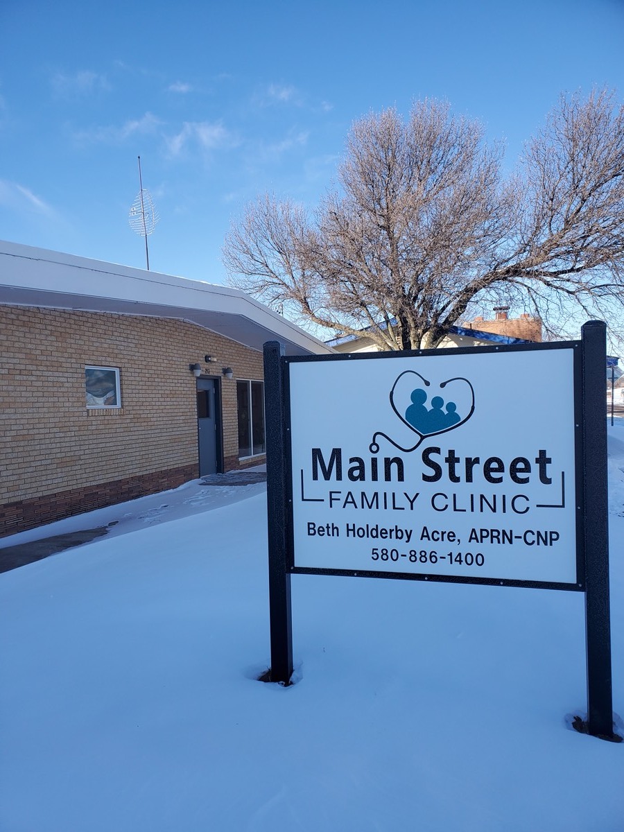 The Main Street Family Clinic building and sign in Canton, Oklahoma
